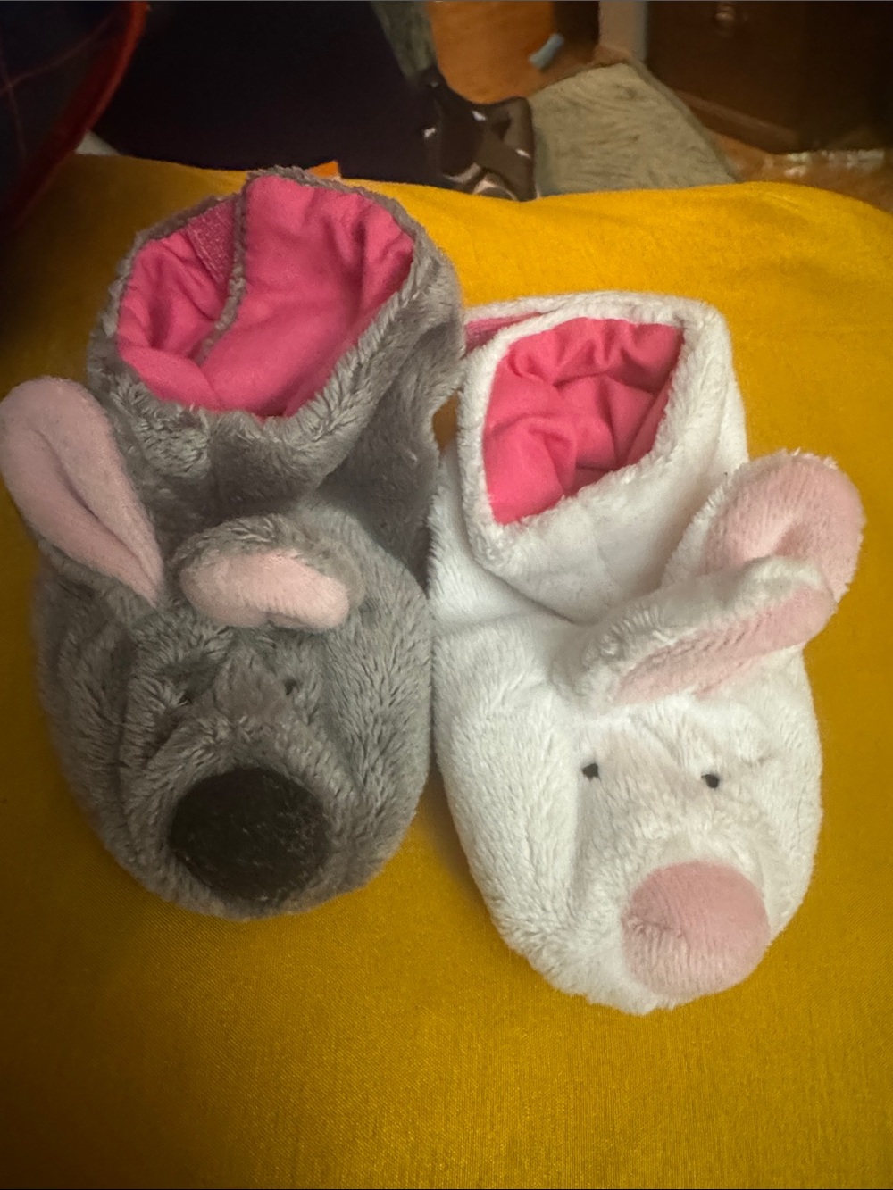 Munchkin Gray & White Bunny Slippers with Pink Lining